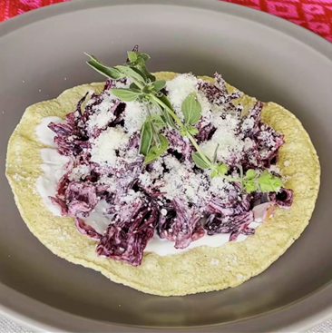Hibiscus Tostada, Crema Mexicana con Sal and Cotija Cheese